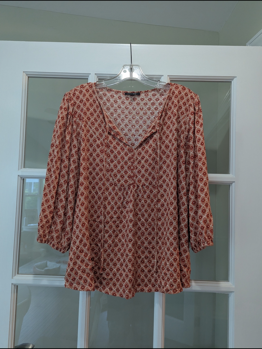 Papermoon Rust Printed Peasant Blouse with 3/4 Elastic Sleeves. Women's Size L
